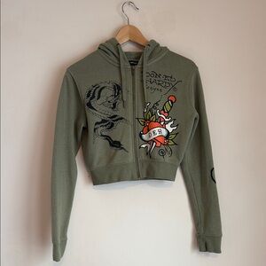 Ed Hardy Olive Cropped Zip Hoodie with Tattoo Heart Graphic